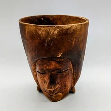 Vintage African Wooden Carved Figural Primative Folk Art Mug/Cup, 4" Tall