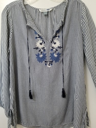 Old Navy Blouse Womens Medium Blue White Striped Embroidered Peasant Tunic - 第 8/15 張圖片