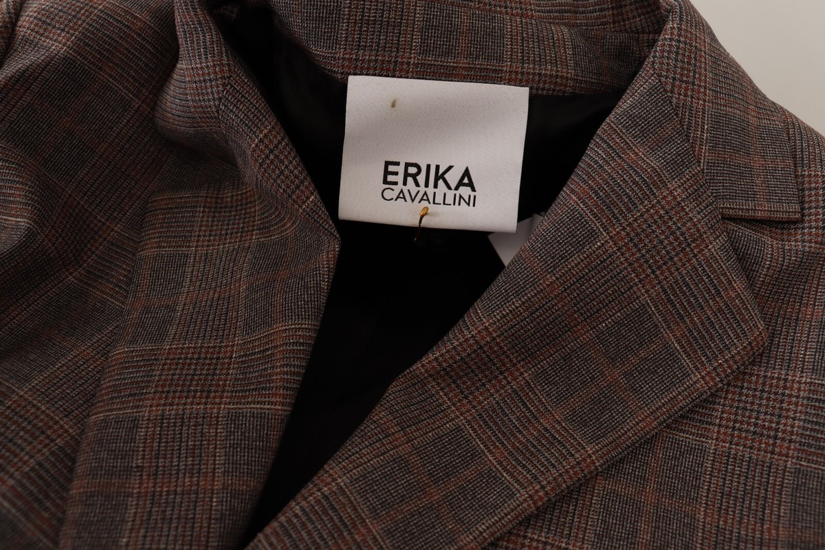 ジャケット ERIKA CAVALLINI Women Jackets P5SH12PL X17 BROWN ERIKA CAVALLINI Jacket Brown Wool Plaid Double-Breasted Long