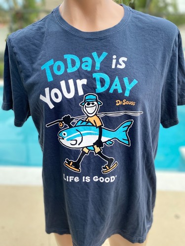 LIFE IS GOOD Blue Jake Big Fish Fishing T shirt Mens L Large