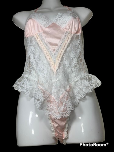 Vintage Lace Teddy Ruffled Sissy Lingerie Sexy USA Womens Size Small High Cut