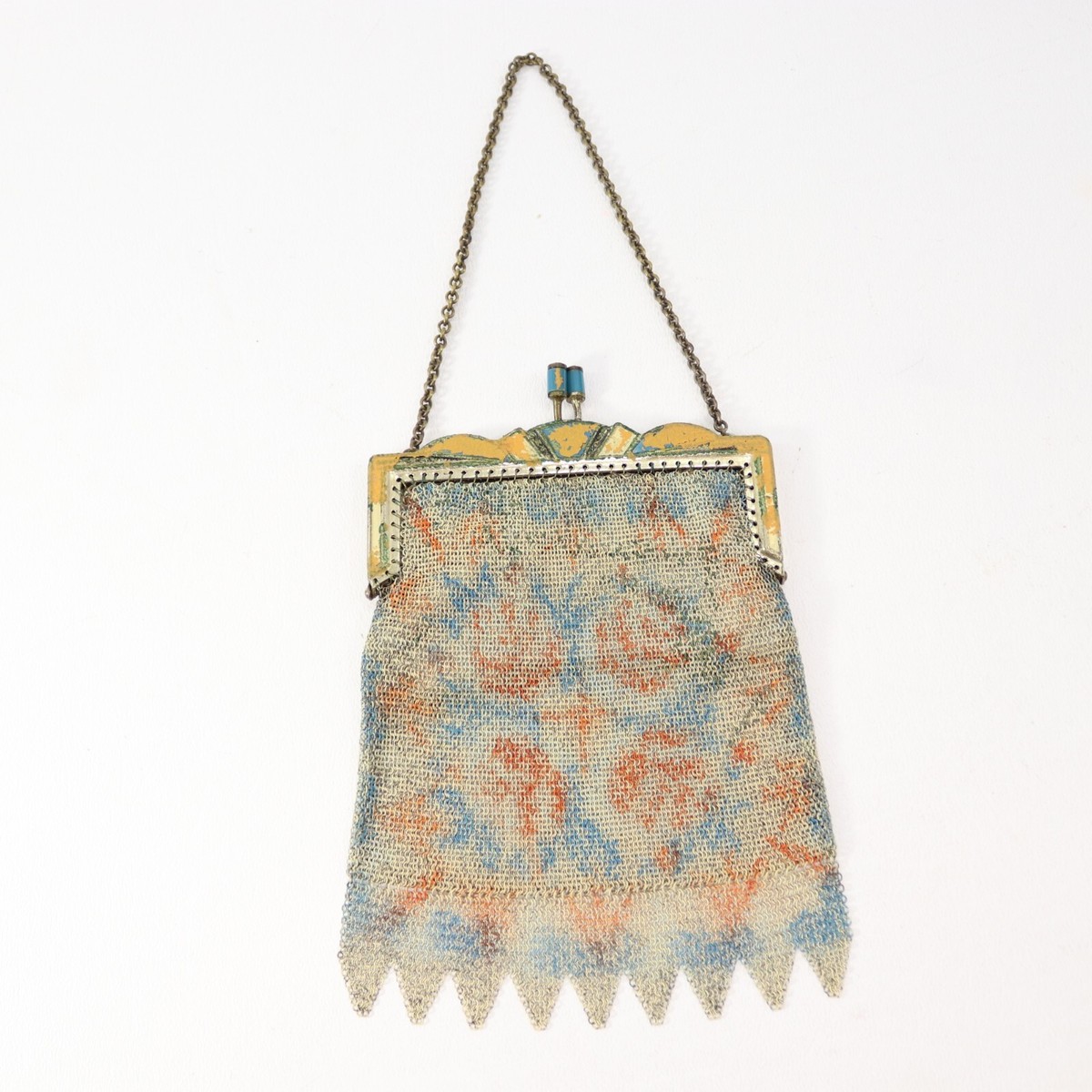 タイムセール　アンティーク　Whiting & Davisメッシュ　ハンドバッグ Vintage Whiting Davis Mesh Bag Multicolor Floral Painted Art Deco