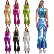 Women 70s Disco Costume Shiny Metallic Sleeveless Flared Jumpsuit Bodysuit