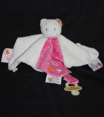 🐱 Doudou NOUKIE'S NOUKIES Iris chat plat blanc rose cœurs attache tétine NEUF - Photo 1/3