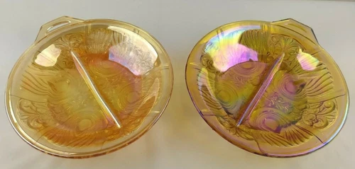 Indiana Glass Iridescent Gold Divided Relish Killarney Vintage Carnival Set of 2