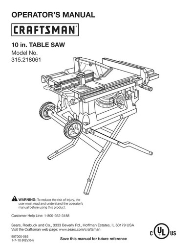 Craftsman 315.218061 Table Saw Owners 