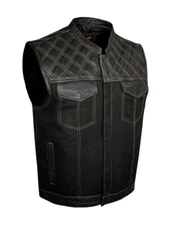 Men's Leather & Denim Club Vest Motorcycle Vest - Gold Thread - Diamond Padding