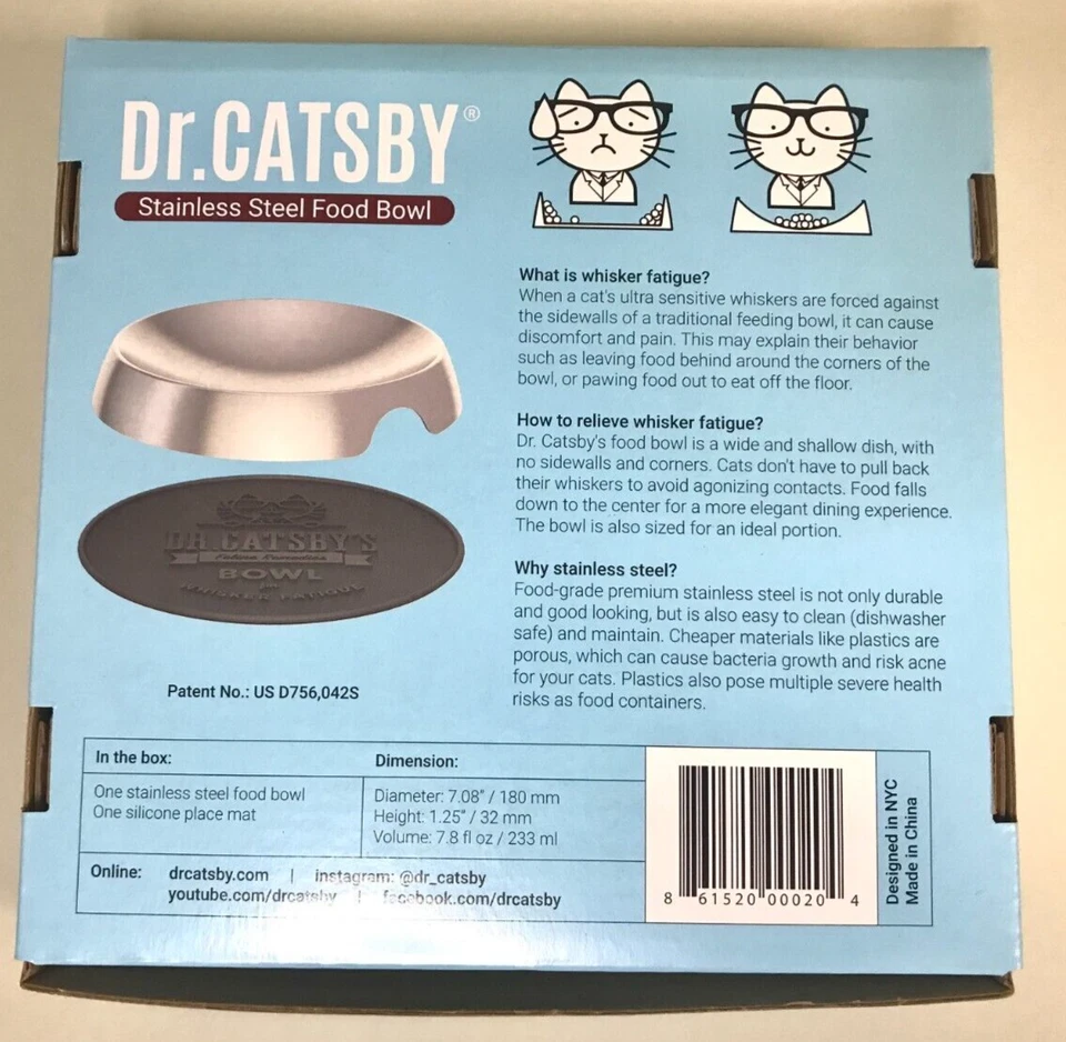 Juego de 6 cuencos de comida para gatos Dr Catsby de acero inoxidable bigote fatiga antideslizantes nuevos en caja Foto 3 de 4