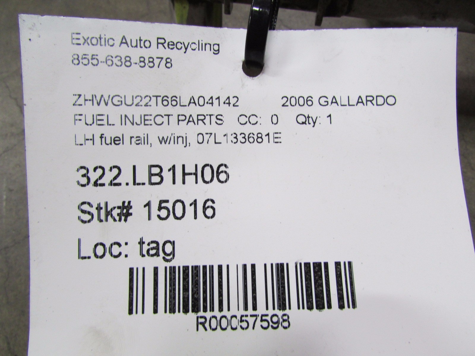 Lamborghini Gallardo, LH, Left Fuel Rail, With Injectors, Used, P/N 07L133681E