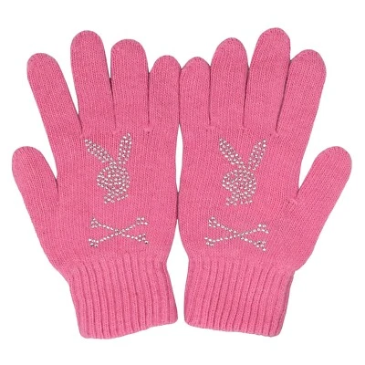 PHILIPP PLEIN x PLAYBOY Hase Kristall Strick Wolle Kaschmir Handschuhe Pink