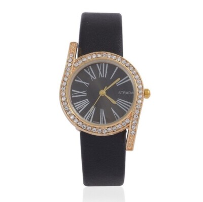 STRADA Women's Watch Austrian Crystal Black Strap SPLASH WATER RESISTANT 
