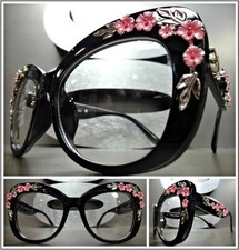 VINTAGE RETRO Style Clear Lens EYE GLASSES Large Black Frame Silver Pink Floral