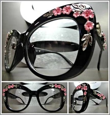 VINTAGE RETRO Style Clear Lens EYE GLASSES Large Black Frame Silver Pink Floral