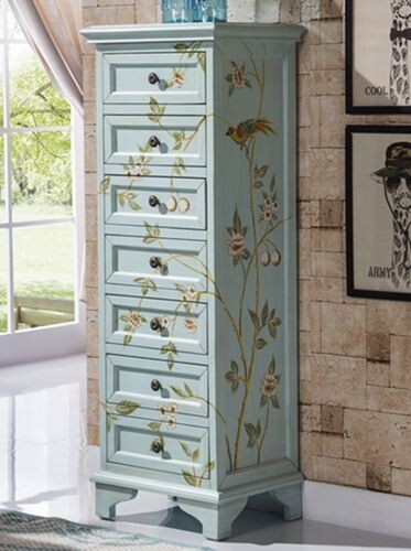 Hand Painted Light Teal Wood Floral Decor Accent Garment Dresser with 7  Drawers | eBay