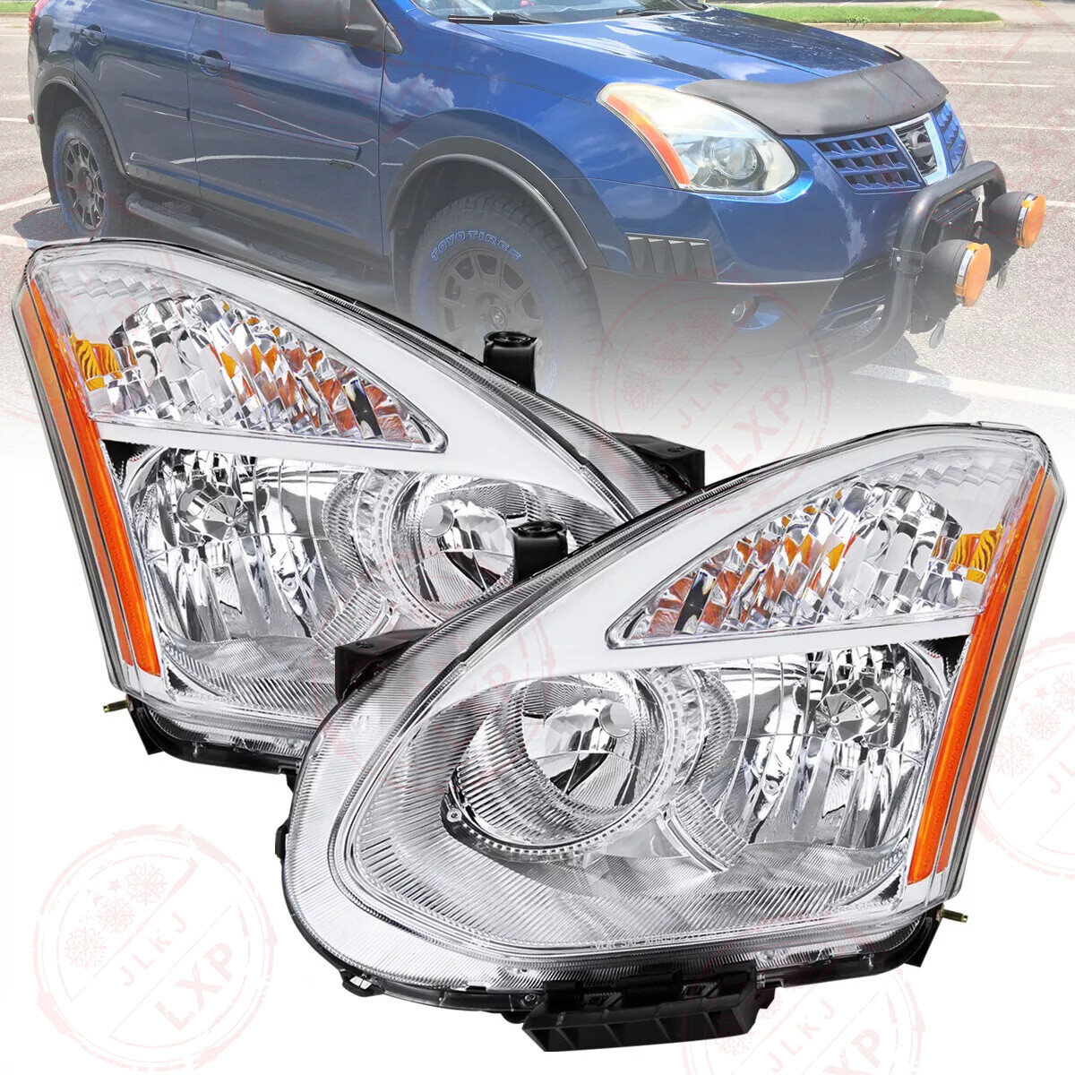 For 2008-2013 Nissan Rogue Headlights Headlamps Assembly Left Right Chrome Amber