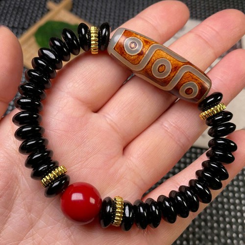 Tibetan Prayer Worry Dzi Bead Old Agate Beeswax 9 Eyes Chain Bracelet - Picture 4 of 9