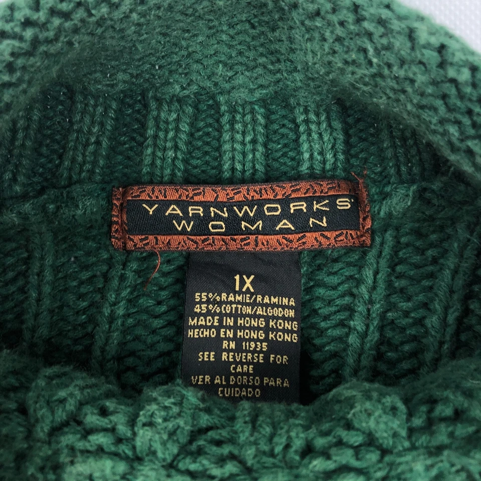 Vintage Roll Collar Cable Knit Green Sweater Womens 1X Fisherman 90s - Image 4 of 4