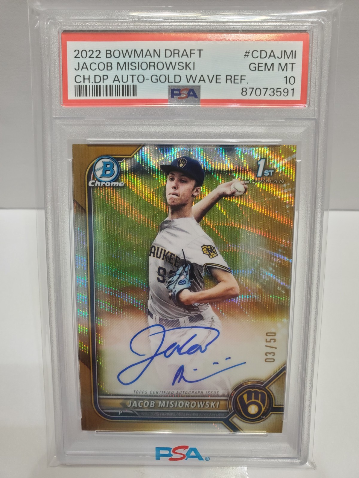 2022 BOWMAN JACOB MISIOROWSKI AUTO GOLD WAVE REFRACTOR ROOKIE 3/50 PSA 10 LOW #