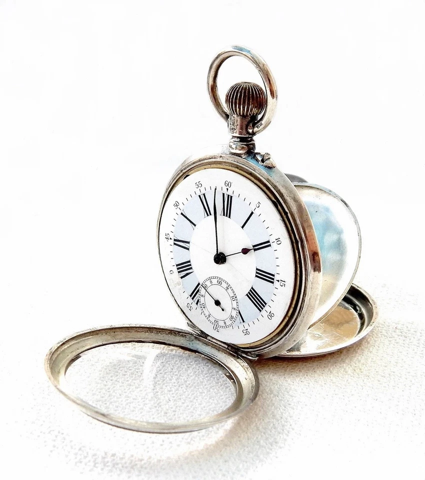 Pocket Watch Remontoir 15 Rubies Dial Porcelain Case Silver 51mm 1900c Working - Image 3 of 4