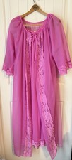 VTG Raspberry PINK Sheer Chiffon Sz L Peignoir Robe Nightgown Set Lace