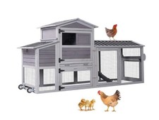 Outdoor 83in Large Mobile Chicken Coop on Wheels Wooden Hen House Nest Box, Gray