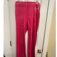 Juicy Couture Hot Pink Velour Rhinestone Logo Flare Track Pants Womens Small