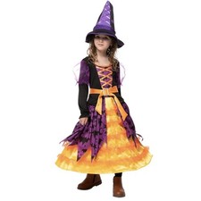 Kids Light Up Witch Dress Halloween Costume W/ Hat Large Purple Orange Bats NEW