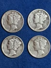 1943 & 1944 S US Liberty Mercury Dimes (4) 10C - 90% Silver Coins