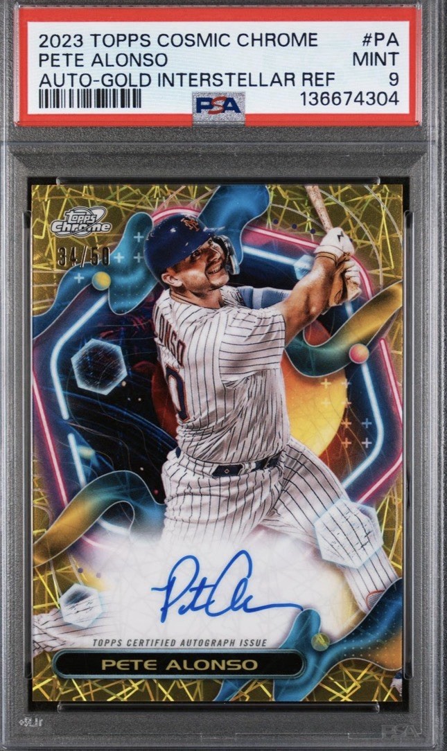 2023 TOPPS COSMIC CHROME PETE ALONSO AUTO-GOLD INTERSTELLAR REF #PA PSA 9 view 1