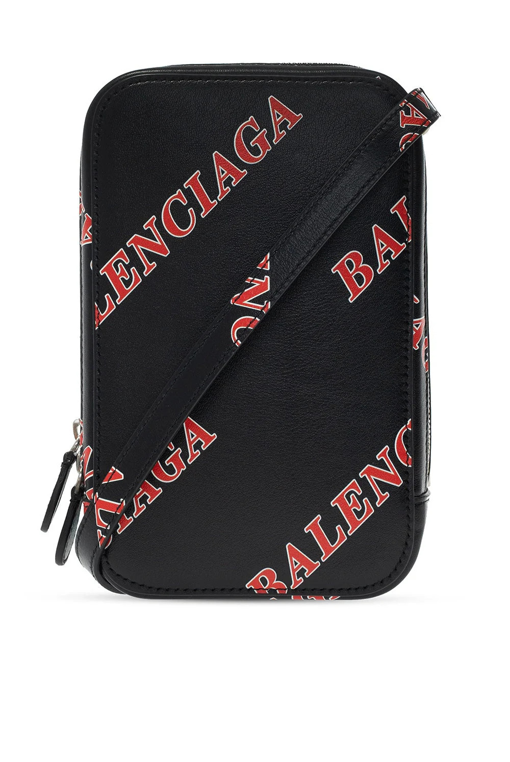 Balenciaga Black Calfskin Leather Sport Print Phone Holder Bag NEW