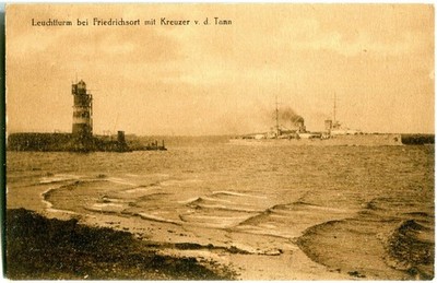 Postcard Friedrichsort/Kiel lighthouse, cruiser von der Tann,/lighthouse 10s
