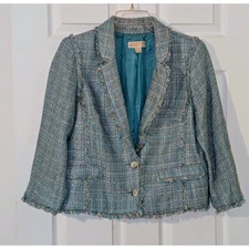 Michael Michael Kors Teal Tweed Blazer Jacket Metallic Accents Frayed Edge Sz 12