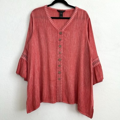 Ali Miles Top Women XL Blouse Crinkle Gauze Button Up Flowy Relaxed Fit Red