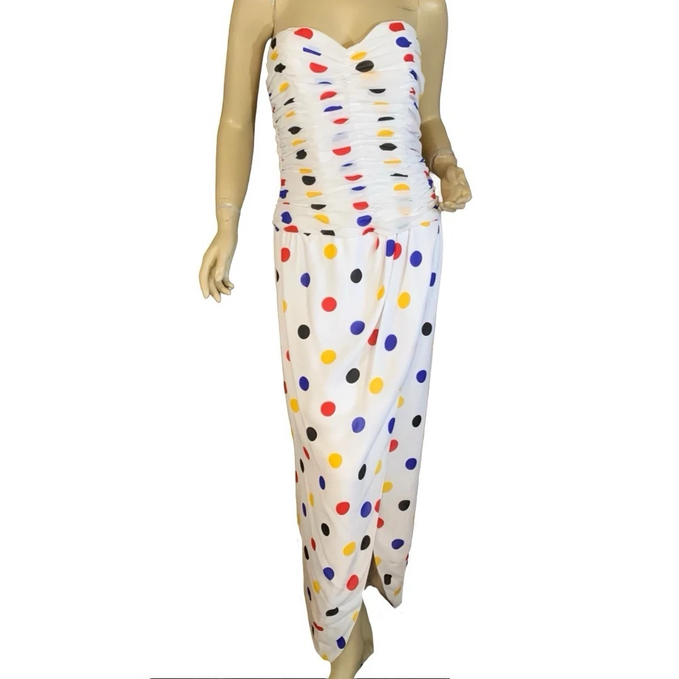 WOMEN'S VINTAGE 1980'S VICTOR COSTA POLKA DOT MULTI COLOR STRAPLESS DRESS SZ 10 - Image 2 of 4