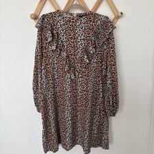 NEXT Leopard Print Ruffle Long Sleeve Smock Boho Casual Cotton Dress, 18