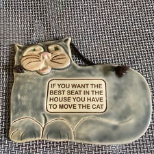 Smoky Mountain Pottery Cat Hanging Wall Plaque VTG Blue Green 7 3/4" Best Seat