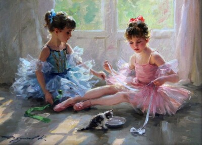 MQ416 Stretched Canvas Frame / Unframed Hand Two Ballet Girls Cat Oil Painting