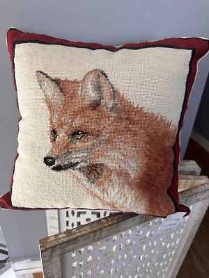 NEW! NEVER USED! Red Fox needlepoint 18x18 Pillow With Wool Pile 