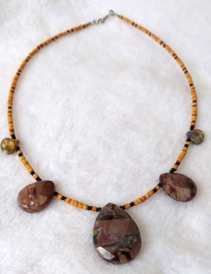 Handcrafted Faceted Ocean Jasper Pendant and Wood Bead 17.5'' Necklace