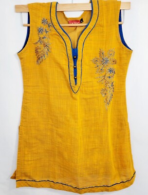 Women's Tunic LA Fille Brand Yellow and Blue Size 32 Sleeveless Embroidered