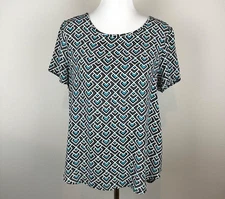 Pleione Women’s M Green Black White Geometric Argyle Scoop Neck Short Sleeve Top