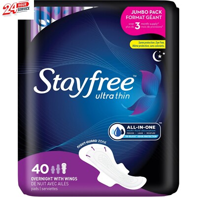 Stayfree Ultra Thin Overnight Pads with Wings, 40 Ct, Multi-Fluid Absorption