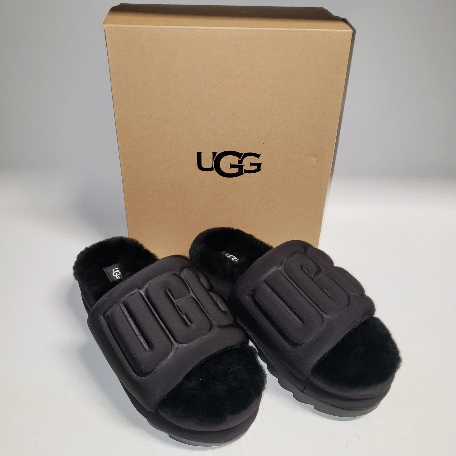 UGG Maxi Fluff Slide Sandali Donna 8 EUR 39 Platform 2 5" NERI Slip On NUOVI
