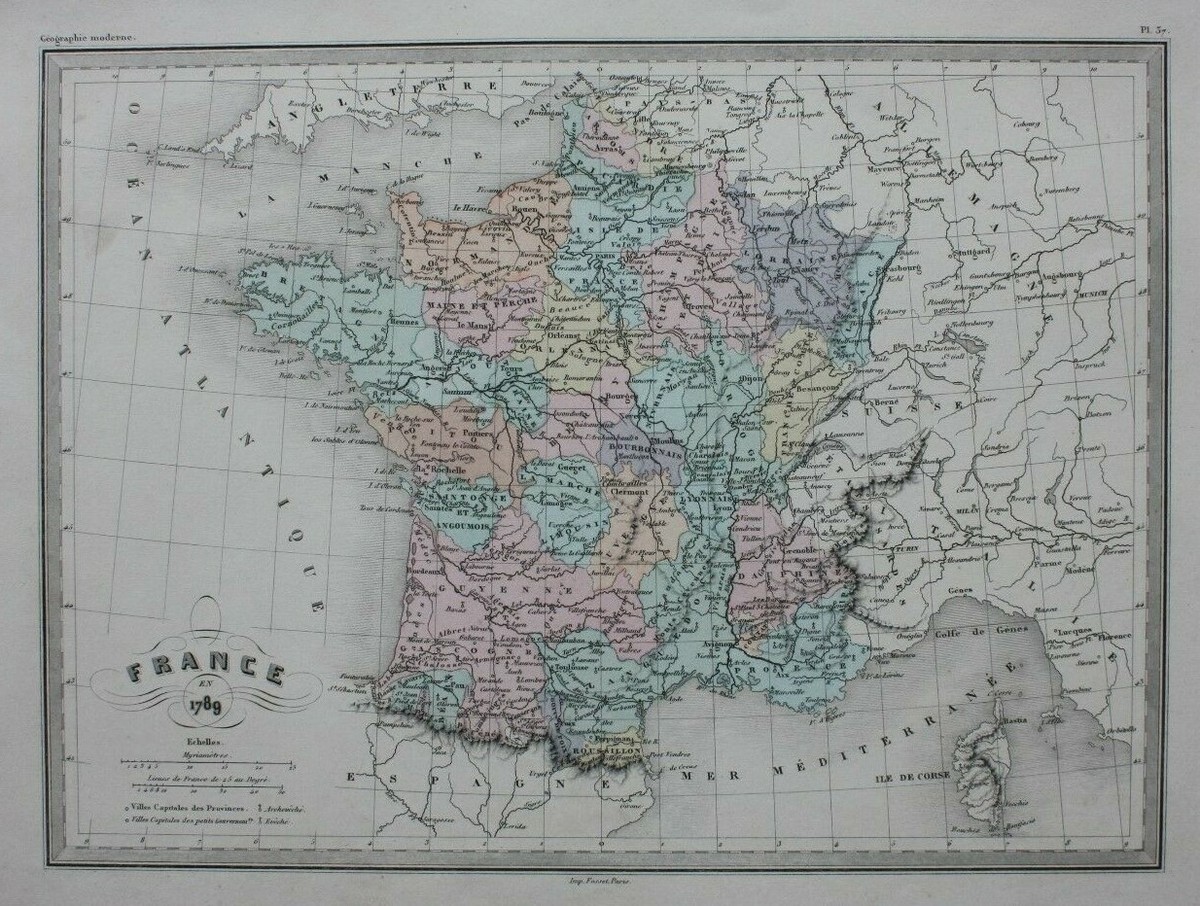FRANCE IN 1789, FRENCH REVOLUTION, original antique map, Malte