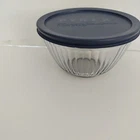 Pyrex 3 Cups Ribbed Clear Glass Bowl w/ Blue Lid