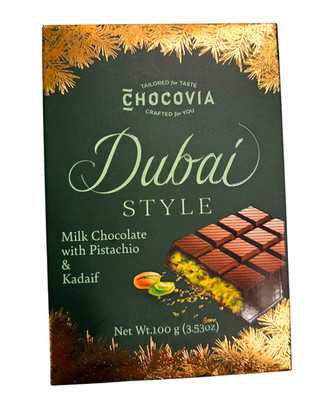 Chocovia 3.53 oz. DUBAI STYLE Milk Chocolate with Pistachio & Kadaif *BB 3/2027*