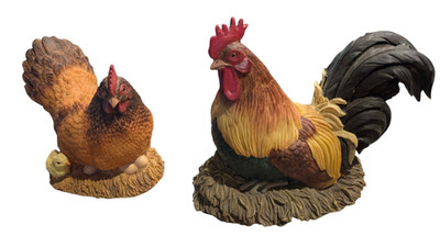 Hen with Baby & Rooster Display Figurines Resin Farmhouse Kitchen Decor Lot of 2