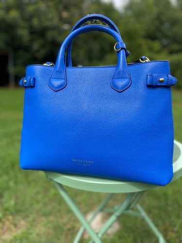 Burberry Banner House Check Derby Leather Medium Tote w/ Strap Electric Blue COA