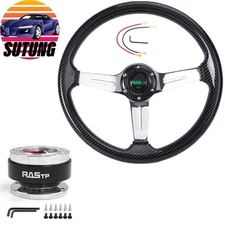 14INCH 3" Deep Dish Black Grain Chrome 3 Spokes Steering Wheel+Quick Release Kit