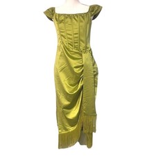 NWT PRETTYLITTLETHING Bardot Olive Green Corset Fringe Tassel Midi Dress Sz: 8